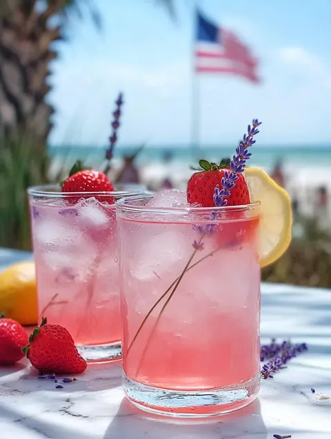 Two glasses of pink lemonade with strawberries and lavender.