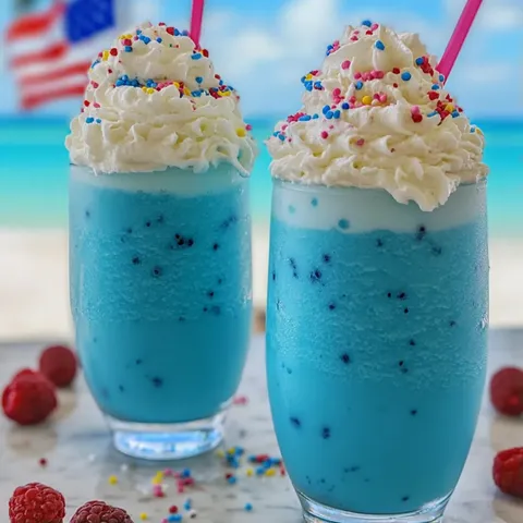 Two blue frozen drinks with pink straws.