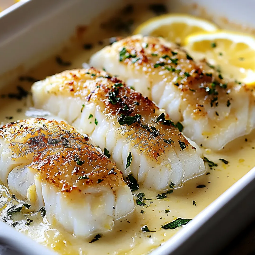A white plate with fish and lemon.