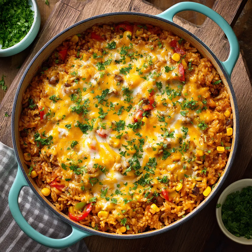 A large pot of rice with cheese and vegetables.