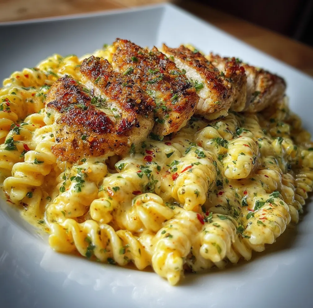 A plate of pasta with chicken on top.