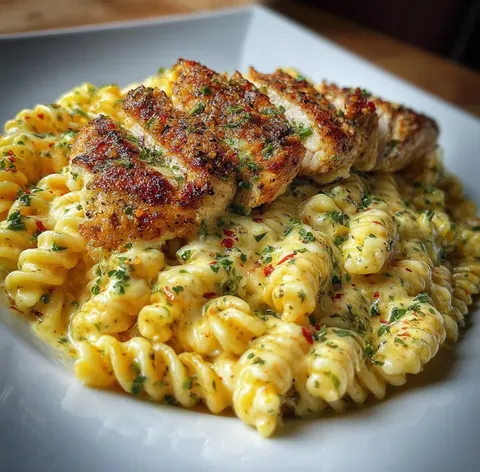 A plate of pasta with chicken on top.