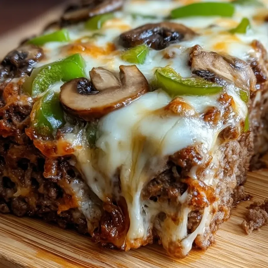 A slice of meat with mushrooms and peppers on top.