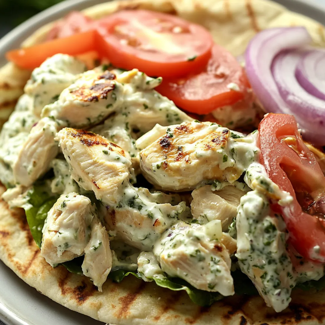 A plate of food with chicken, tomatoes, onions, and lettuce.