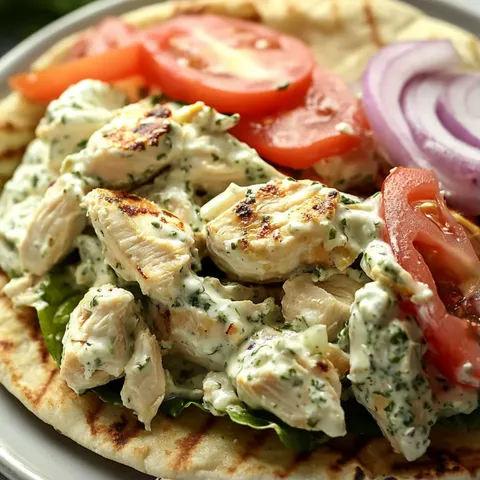 A plate of food with chicken, tomatoes, onions, and lettuce.