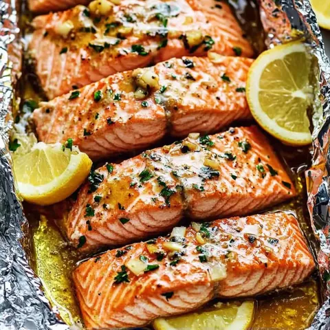 A foil wrapped salmon with lemon slices.