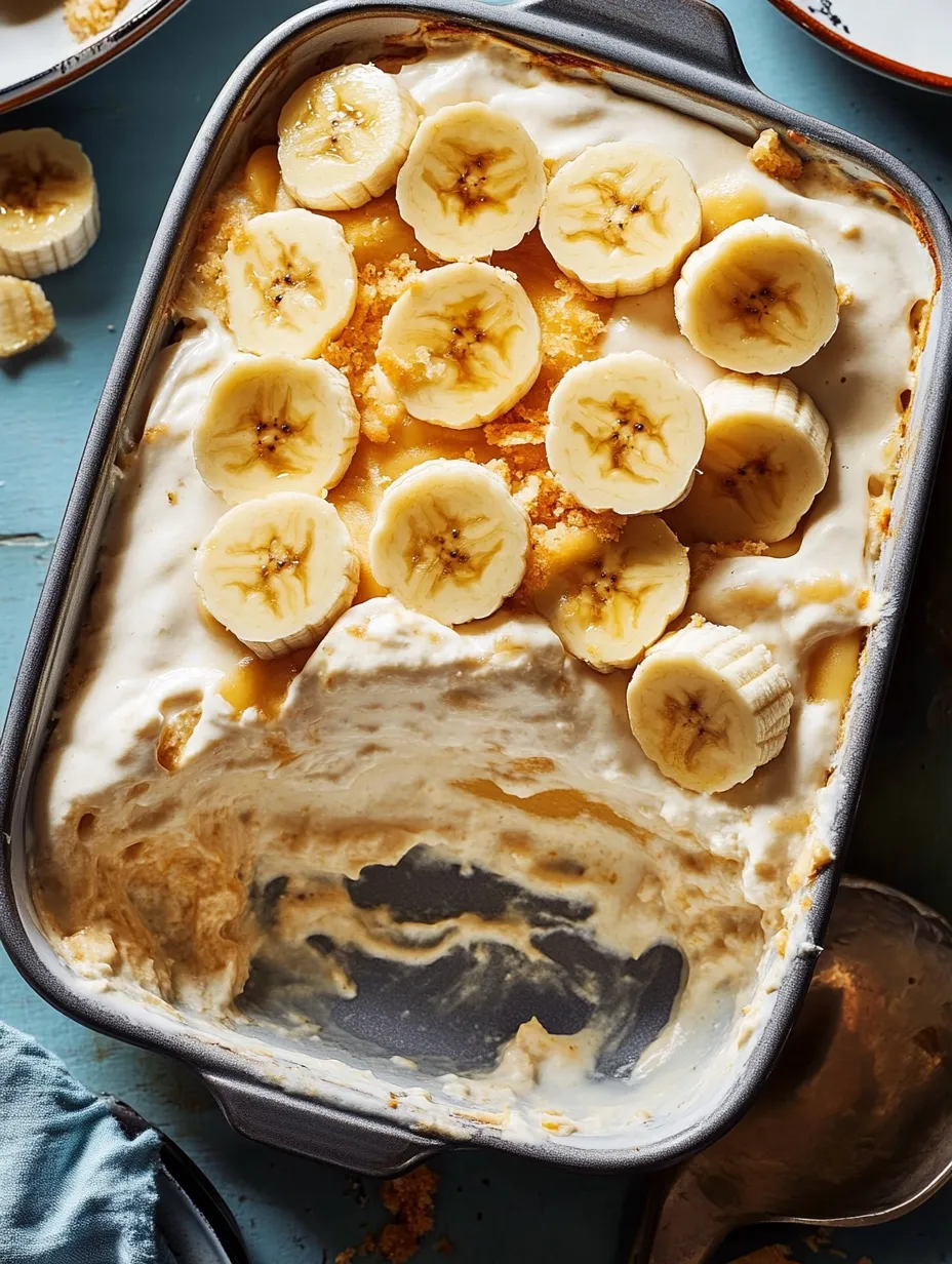 A container of banana cream pie.