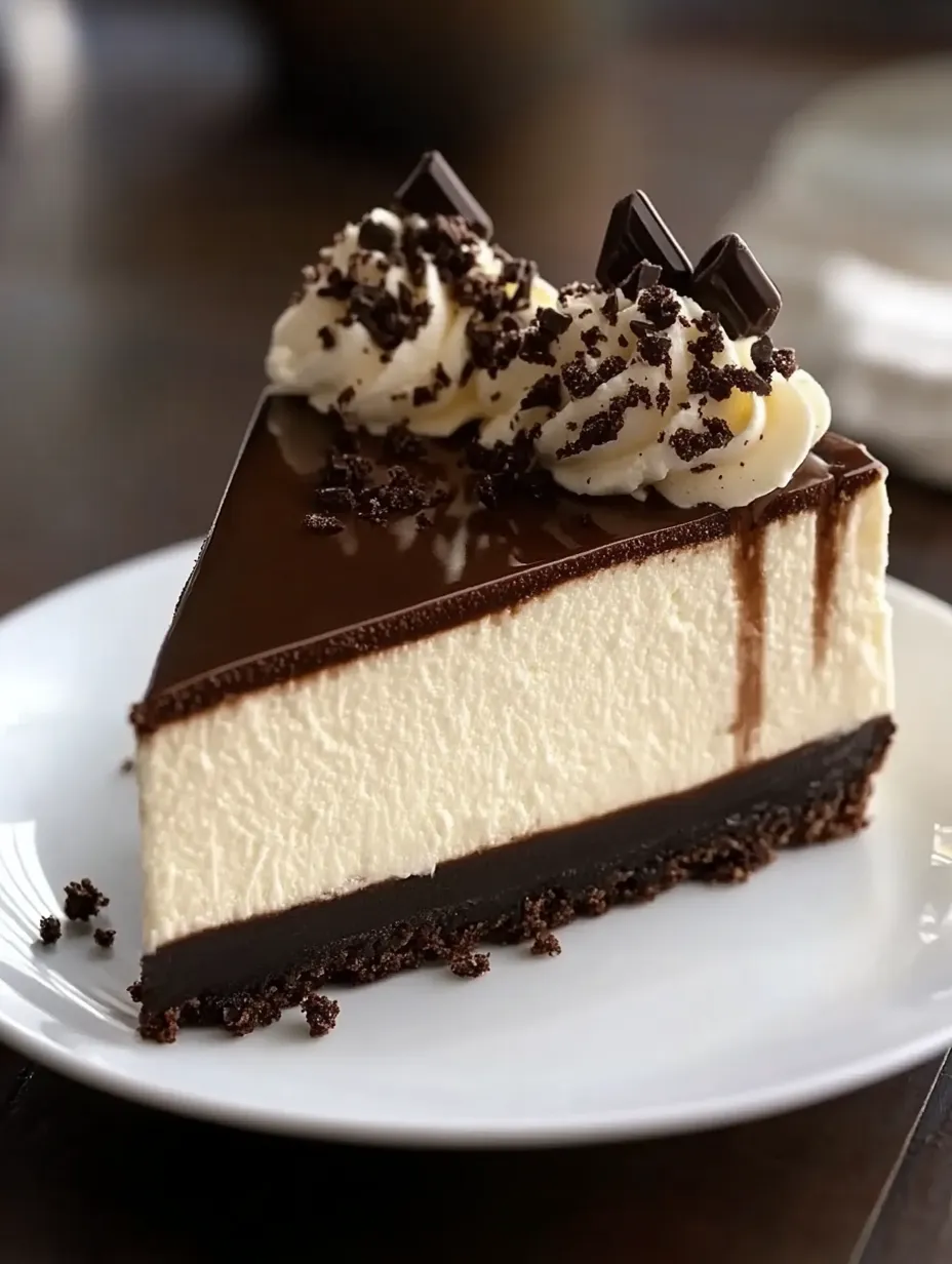 A slice of chocolate cake with white icing and chocolate drizzle.