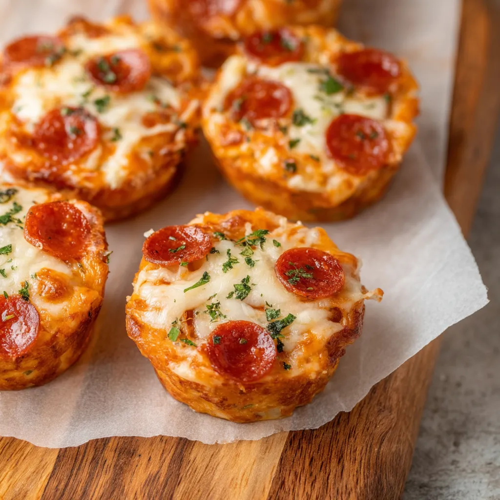 A cutting board with pepperoni and cheese mini pizzas on it.