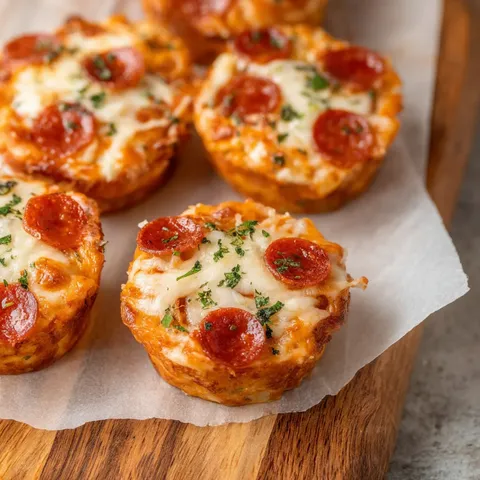A cutting board with pepperoni and cheese mini pizzas on it.