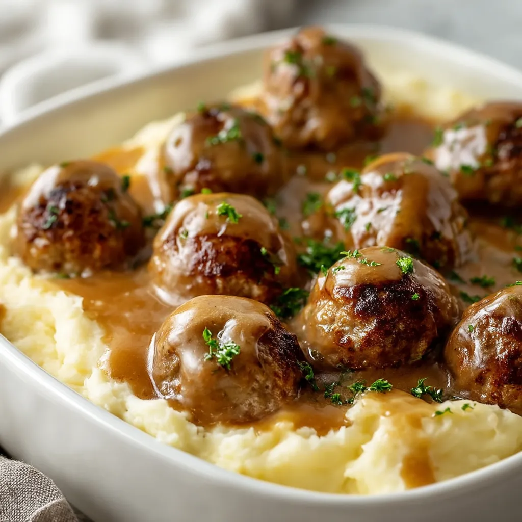 A bowl of food with meatballs and gravy.