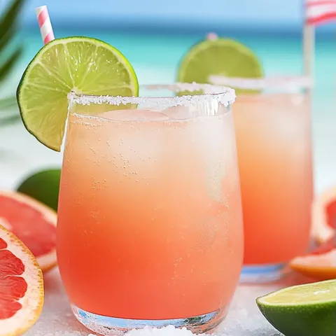 Two glasses of pink drink with limes and oranges.