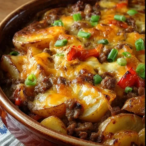 A bowl of food with potatoes and meat.