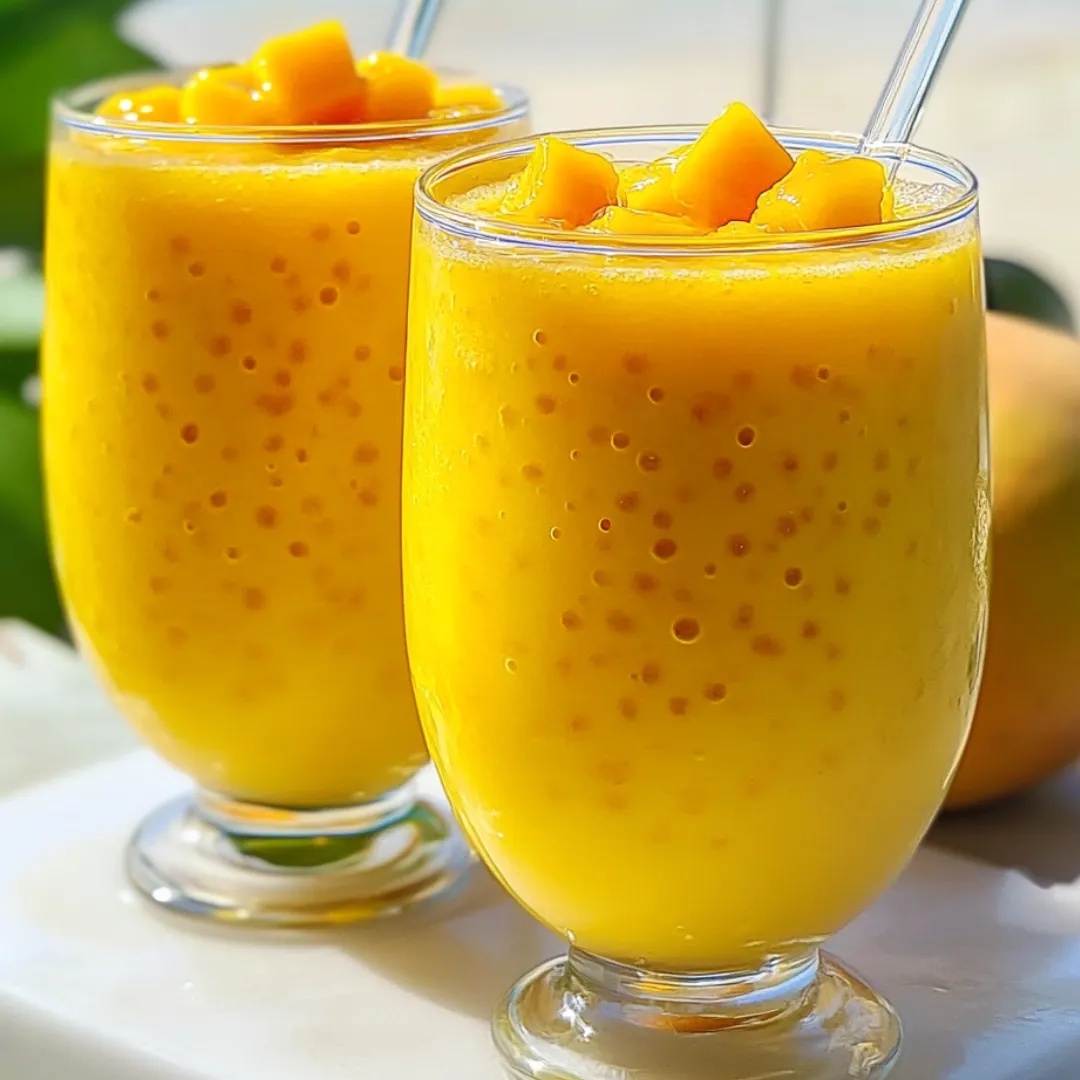 Two glasses of orange juice with sliced mangoes in them.