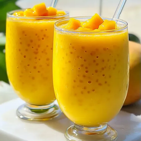 Two glasses of orange juice with sliced mangoes in them.