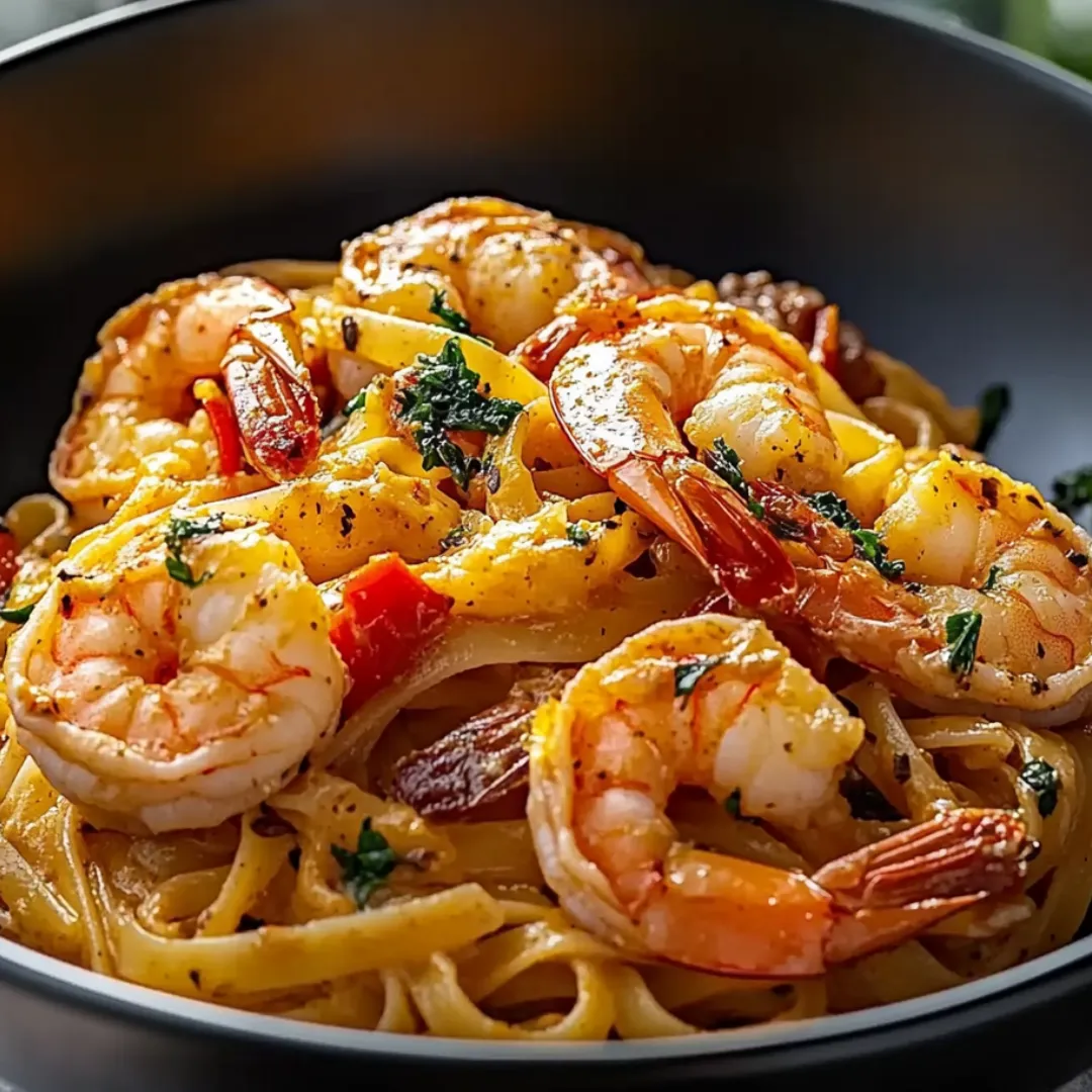 A bowl of shrimp and pasta.