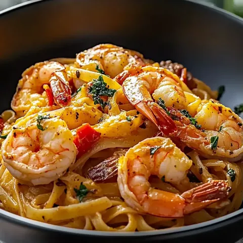 A bowl of shrimp and pasta.