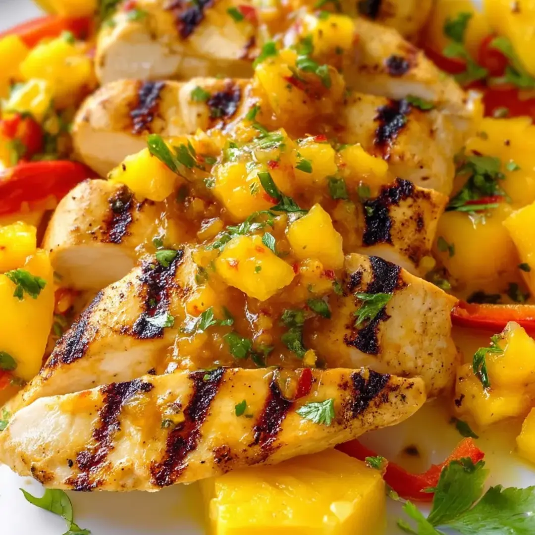 Grilled chicken, pineapple, and peppers on a plate.