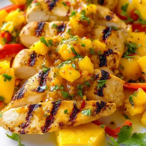 Grilled chicken, pineapple, and peppers on a plate.