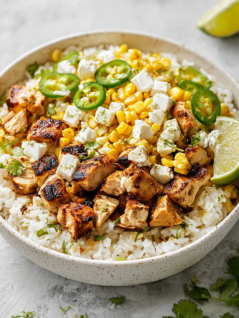 A bowl filled with rice, chicken slices, and sliced jalapenos.