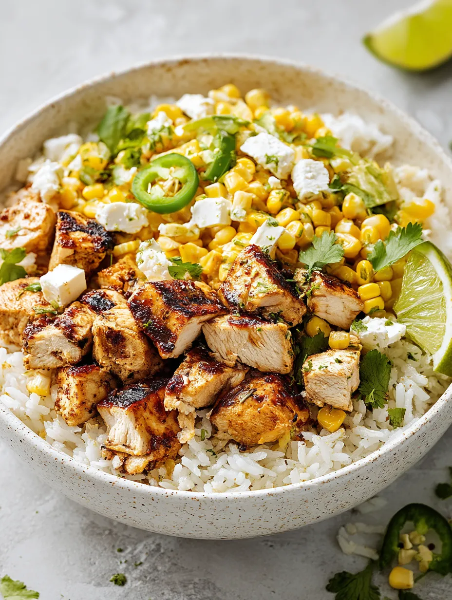 A big bowl with rice, chicken, and charred corn.