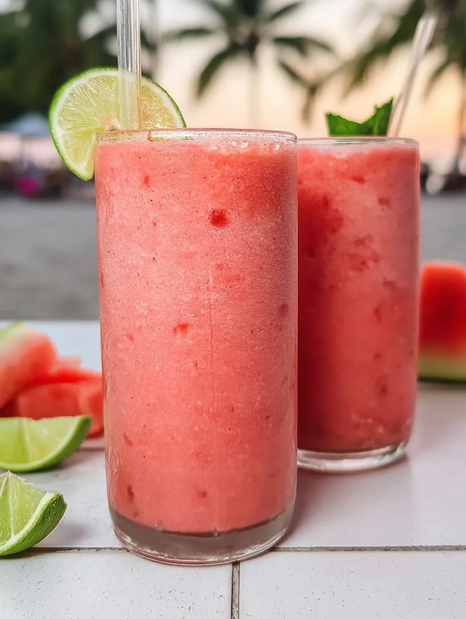 Two glasses of pink drinks with limes.
