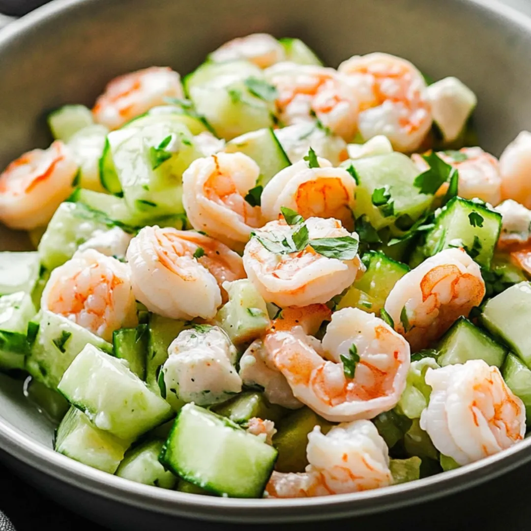 A bowl of shrimp and cucumber salad.