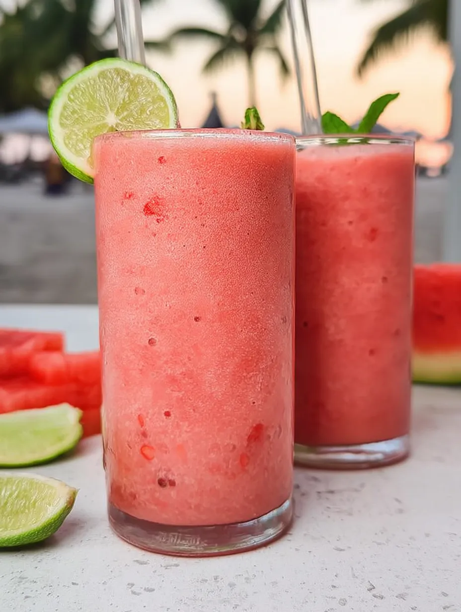 Two glasses of pink smoothie with limes on the side.