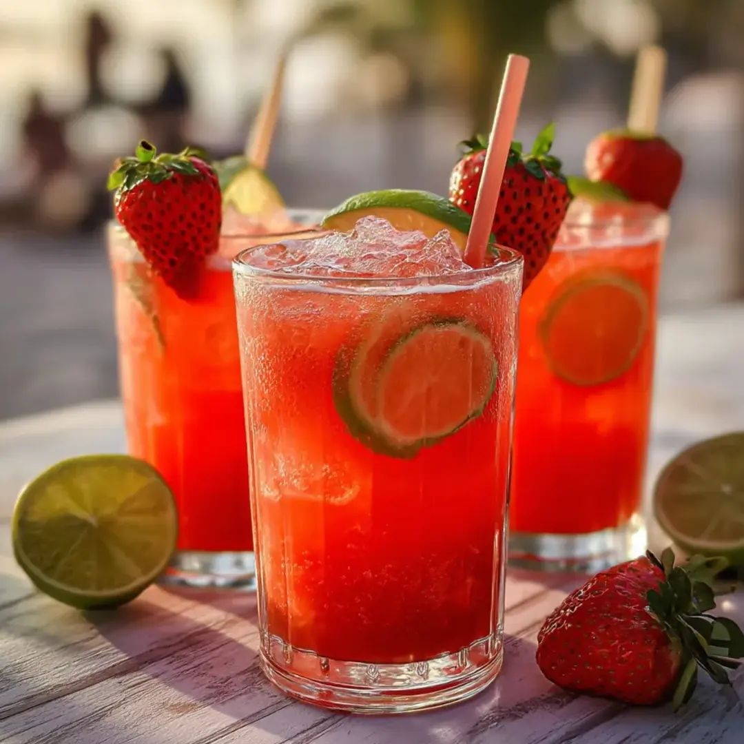 Two glasses of red fruity drink with strawberries and lime slices.