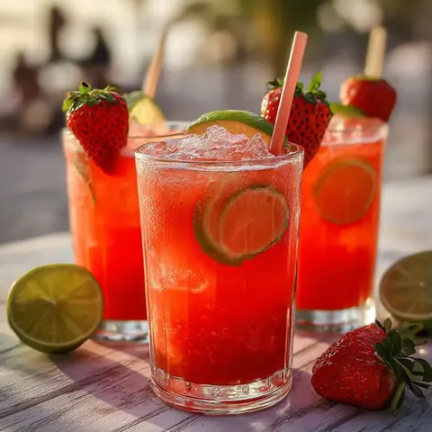 Two glasses of red fruity drink with strawberries and lime slices.