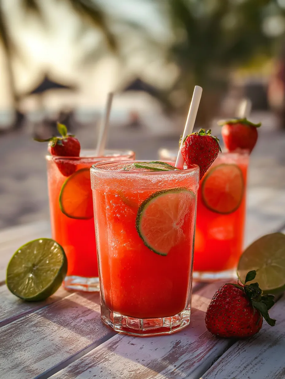 Three glasses filled with pink fruity drinks, decorated with lime slices and strawberries.