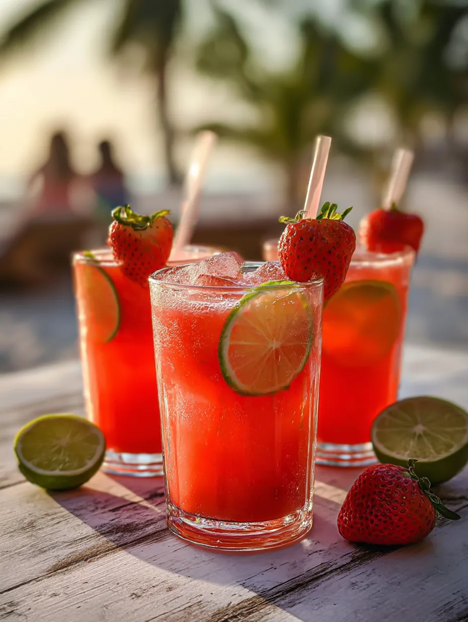 Three tall glasses of strawberry punch garnished with lime and strawberries.