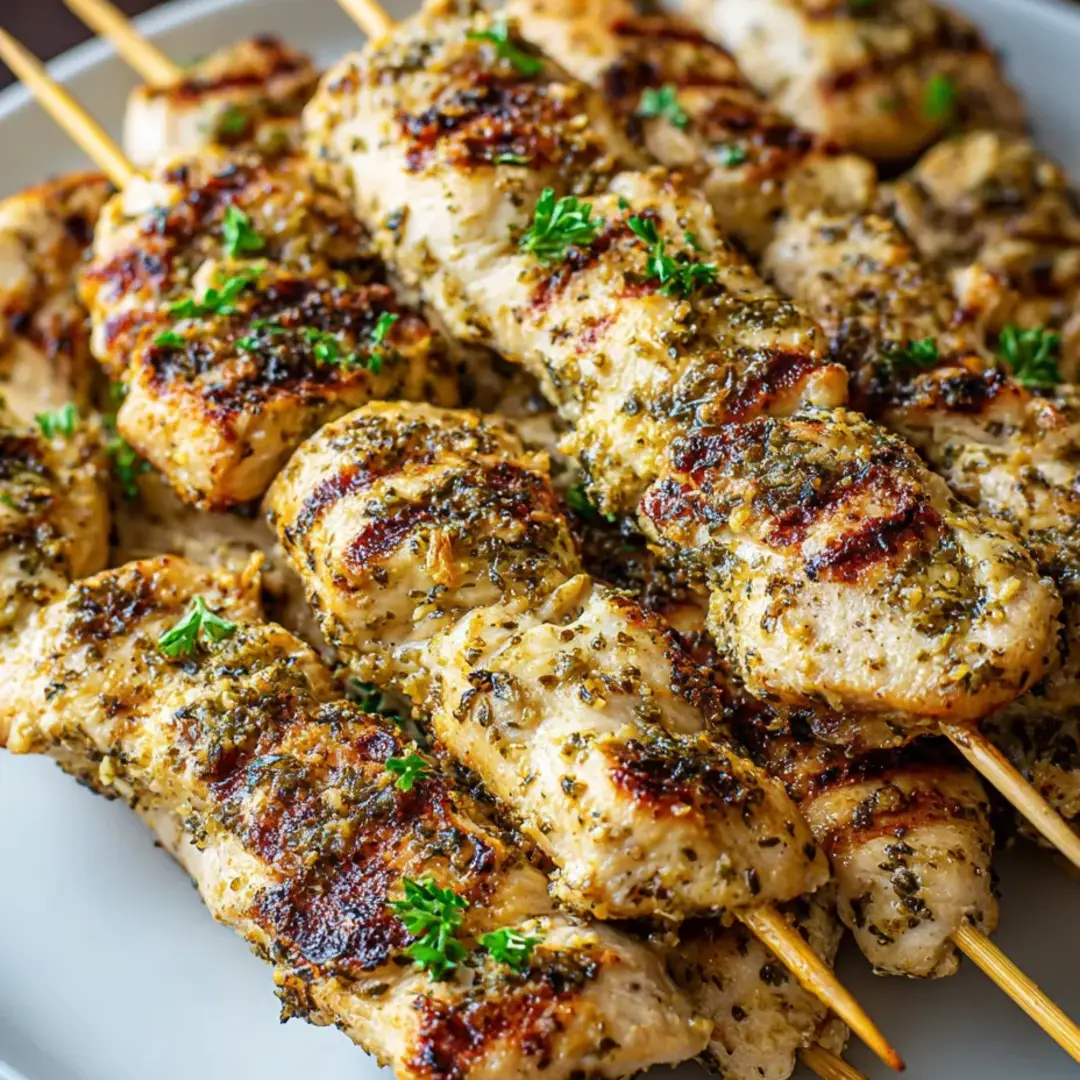 Chicken skewers on a plate sprinkled with herbs.