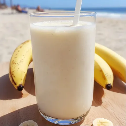 A glass of milk with bananas on a table.