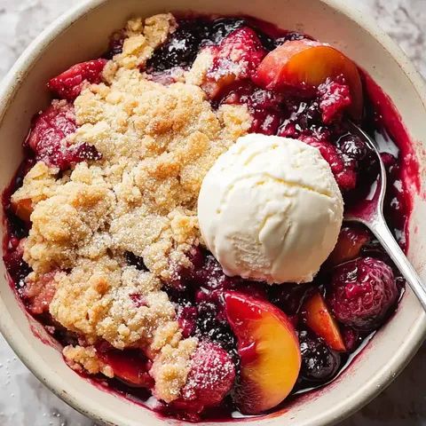 A bowl of fruit with a scoop of ice cream on top.