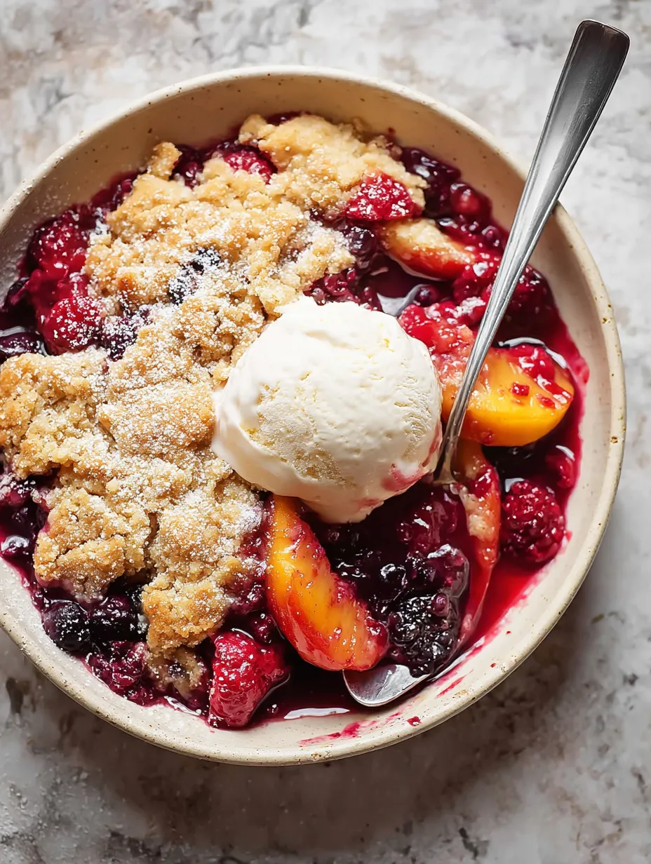 A bowl filled with fruit and topped with melting ice cream.