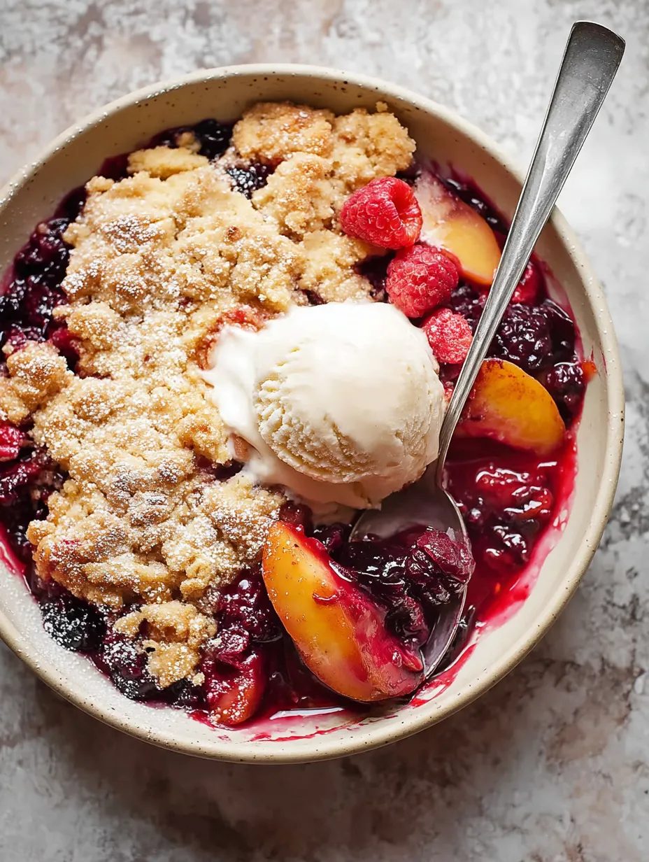 Fruit in a bowl, topped with creamy ice cream.