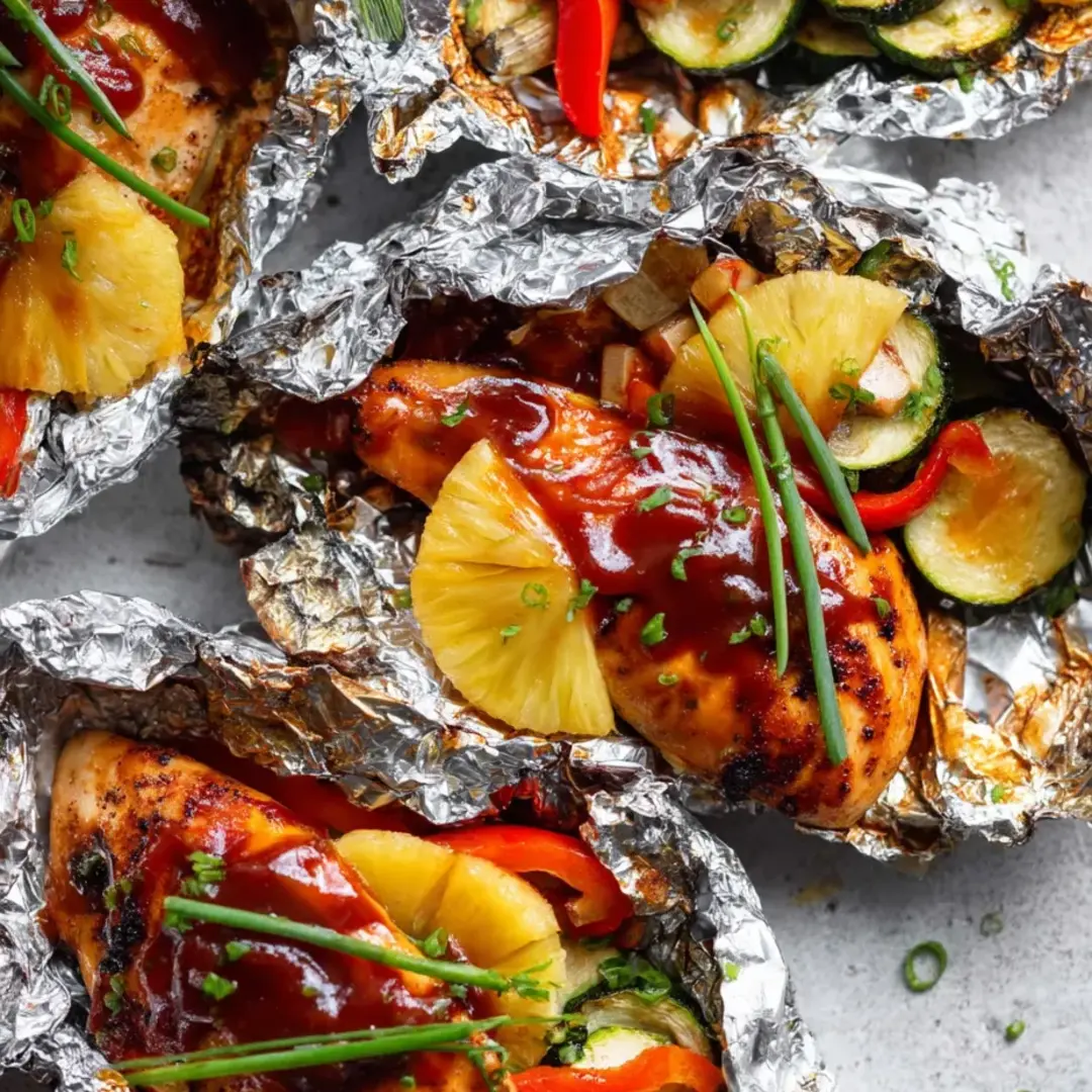 Tender chicken with pineapple chunks, up close on foil.