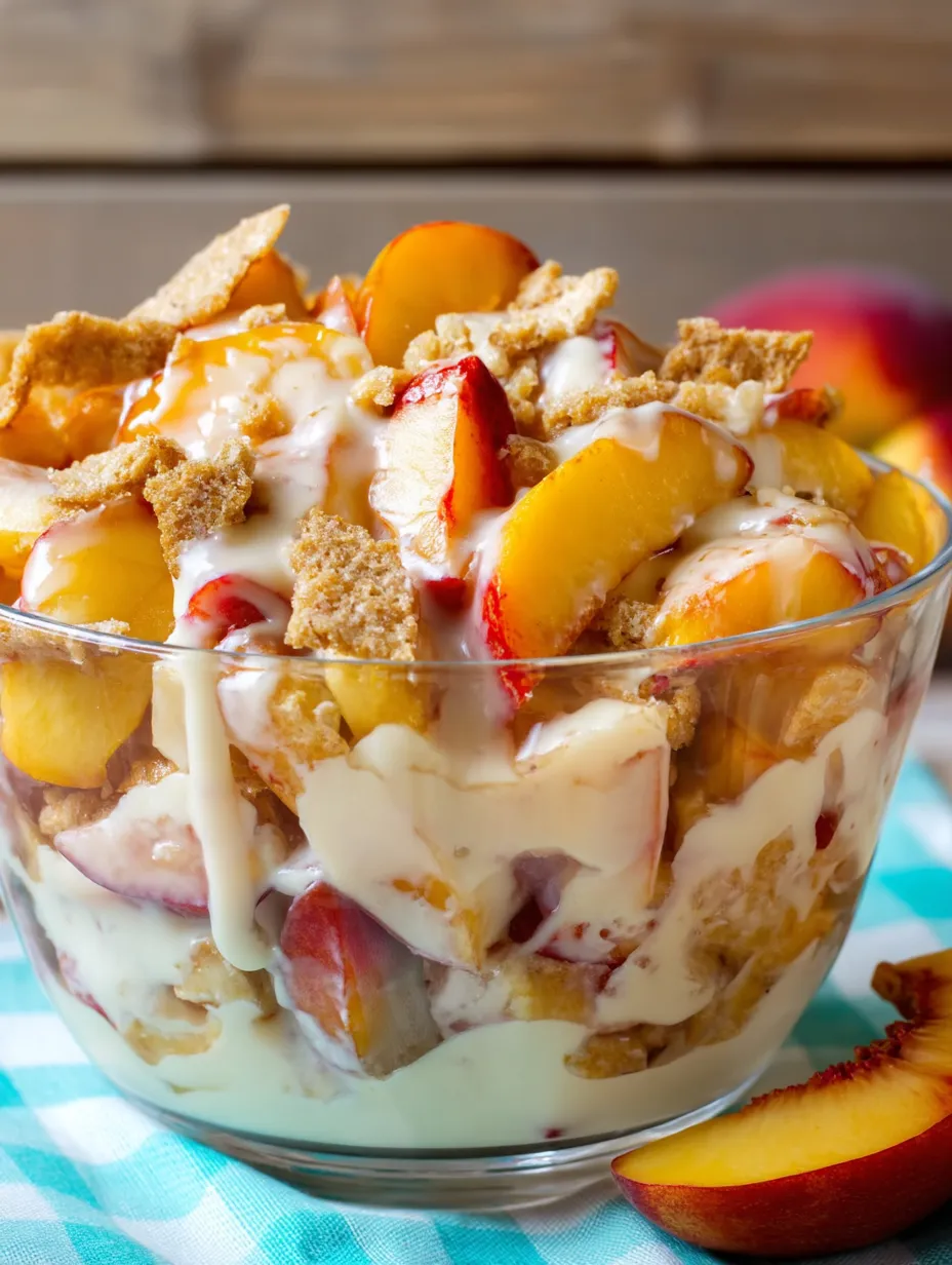 A bowl of peaches and crumbs.