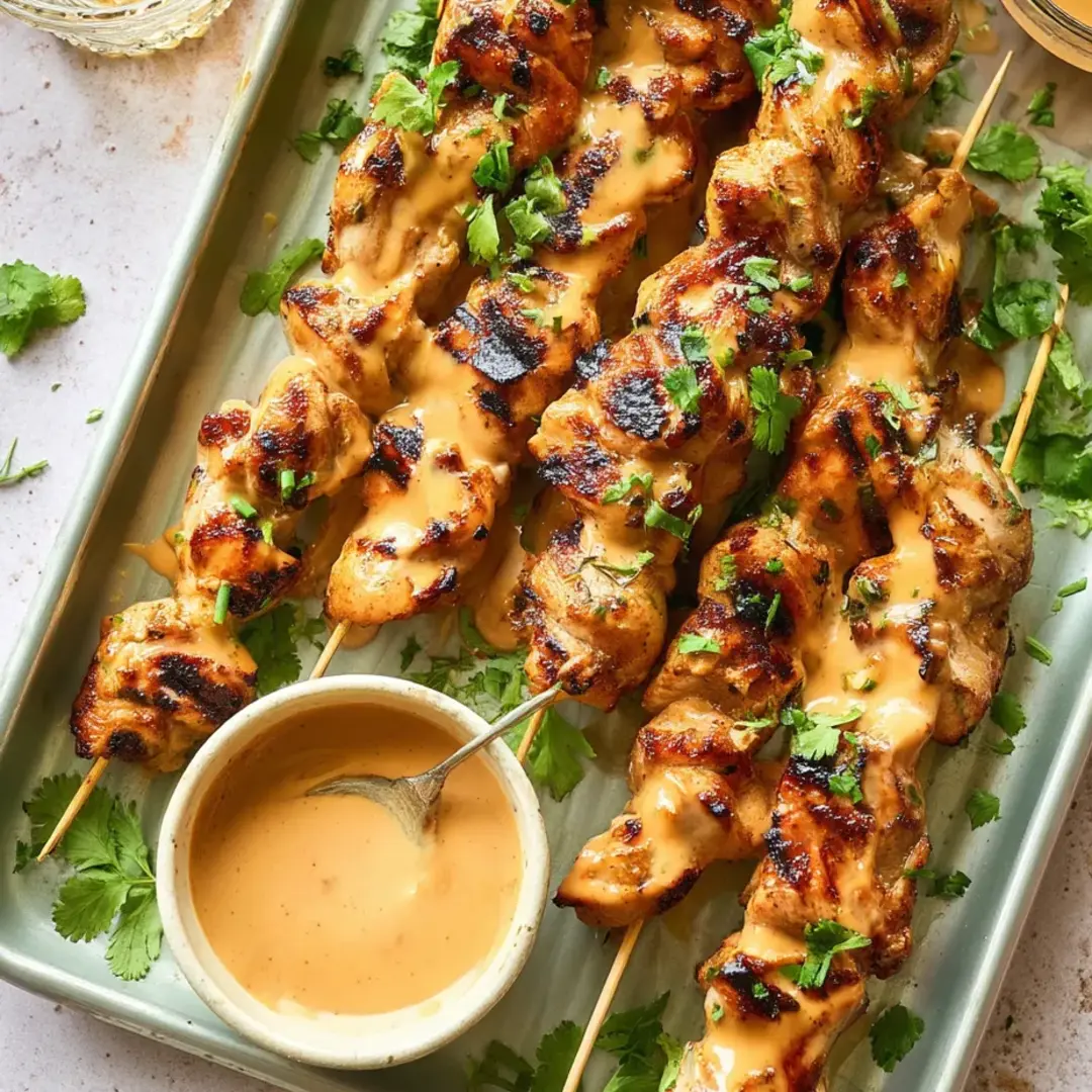 Chicken skewers stacked on a tray with dipping sauce nearby.
