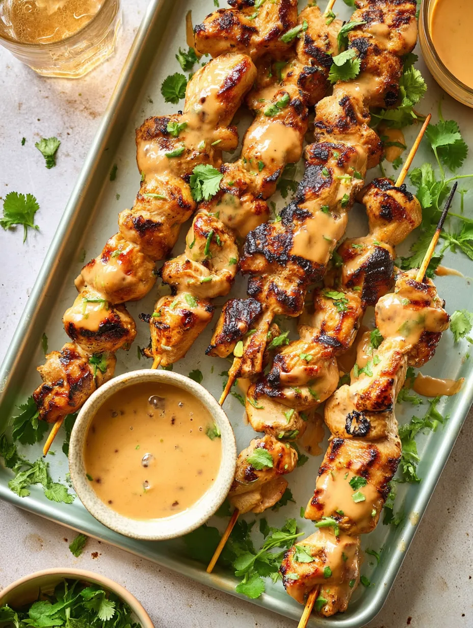 A tray holding skewered chicken that's been marinated.