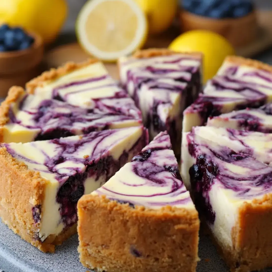 Slice of blueberry-lemon cheesecake on plate.