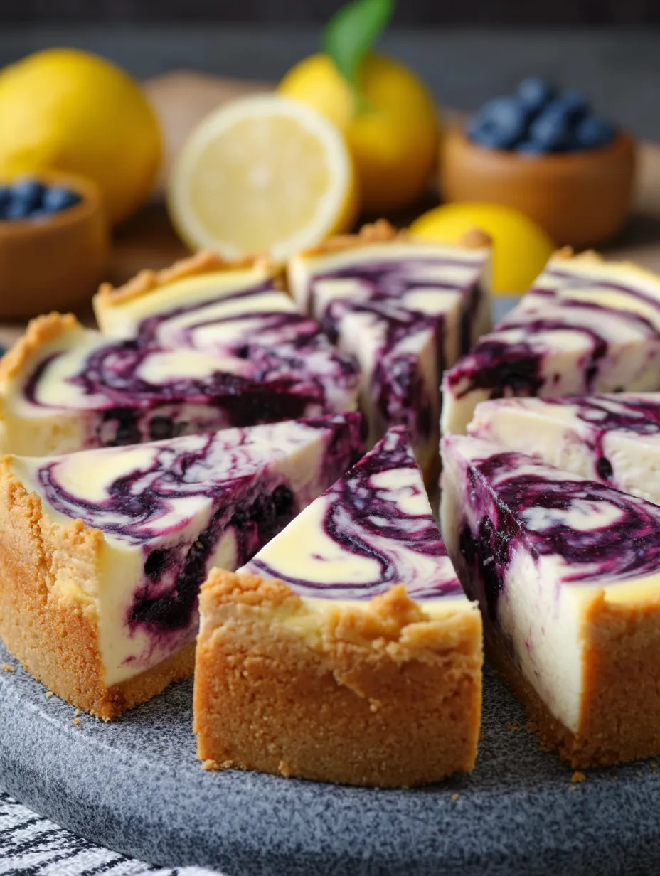 A wedge of cake with blueberries and lemon slices on the plate.