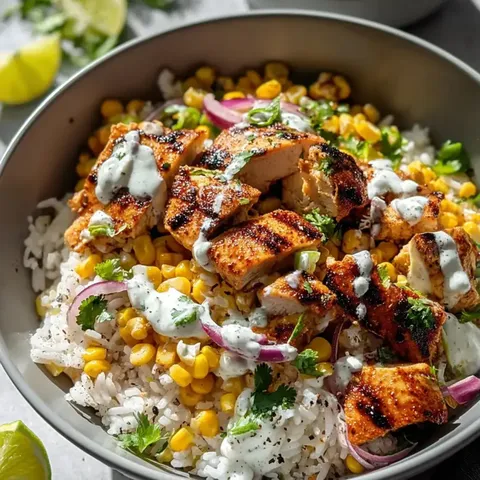 A bowl piled with rice, corn, juicy chicken, and some onions.