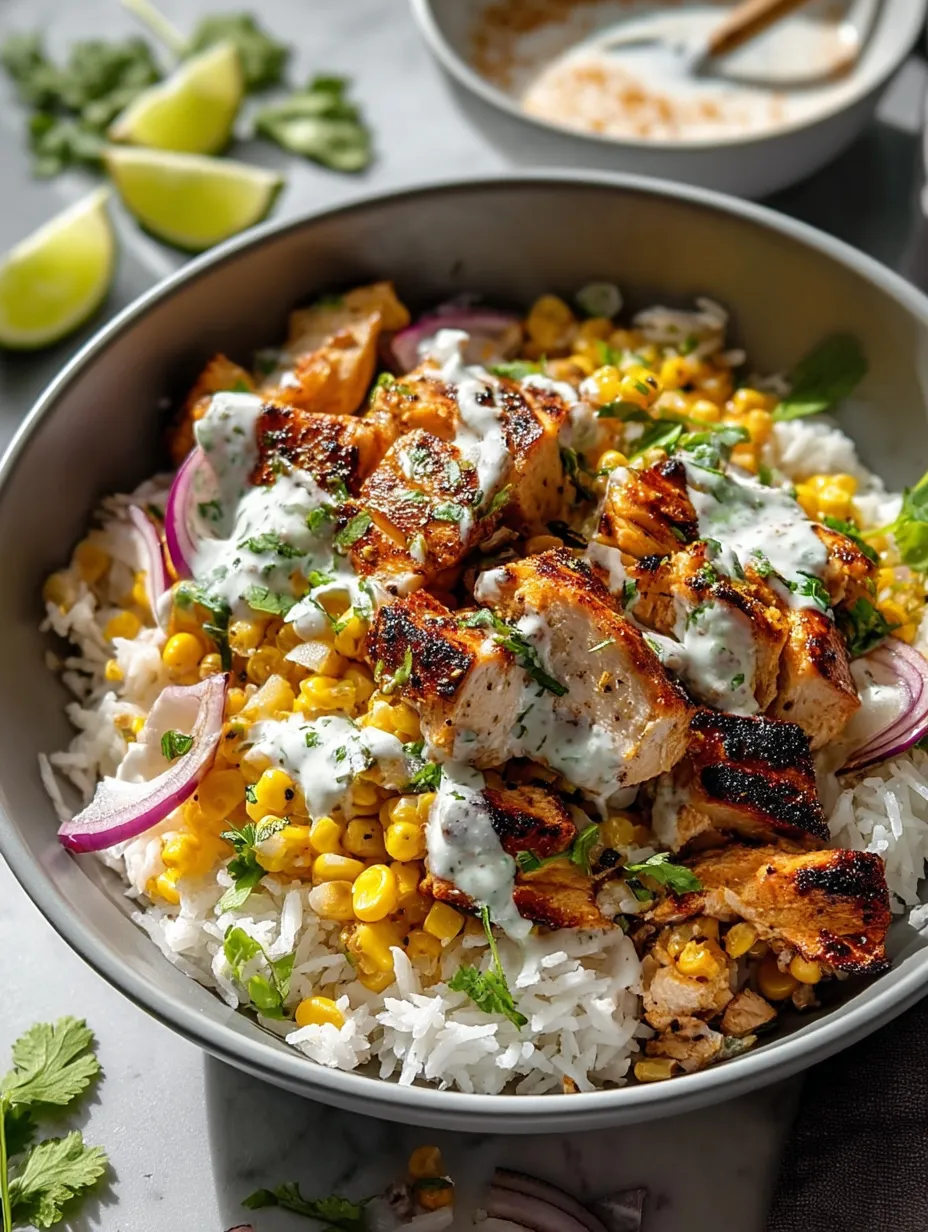 A bowl loaded with rice, chicken, and lots of corn.