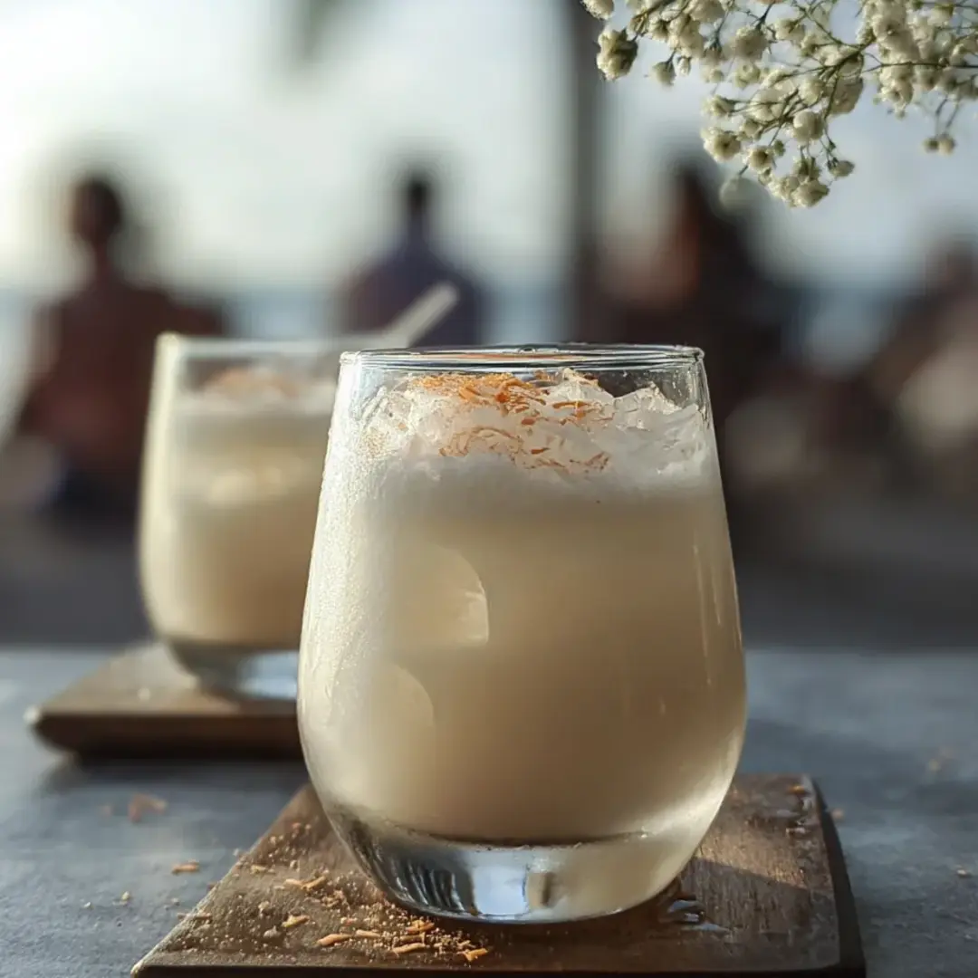 Two cups of white coconut drink topped with orange spice, set on a table.