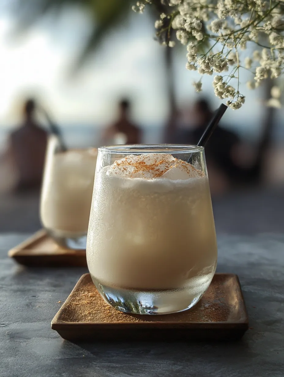 Two glasses of white drinks with straws.