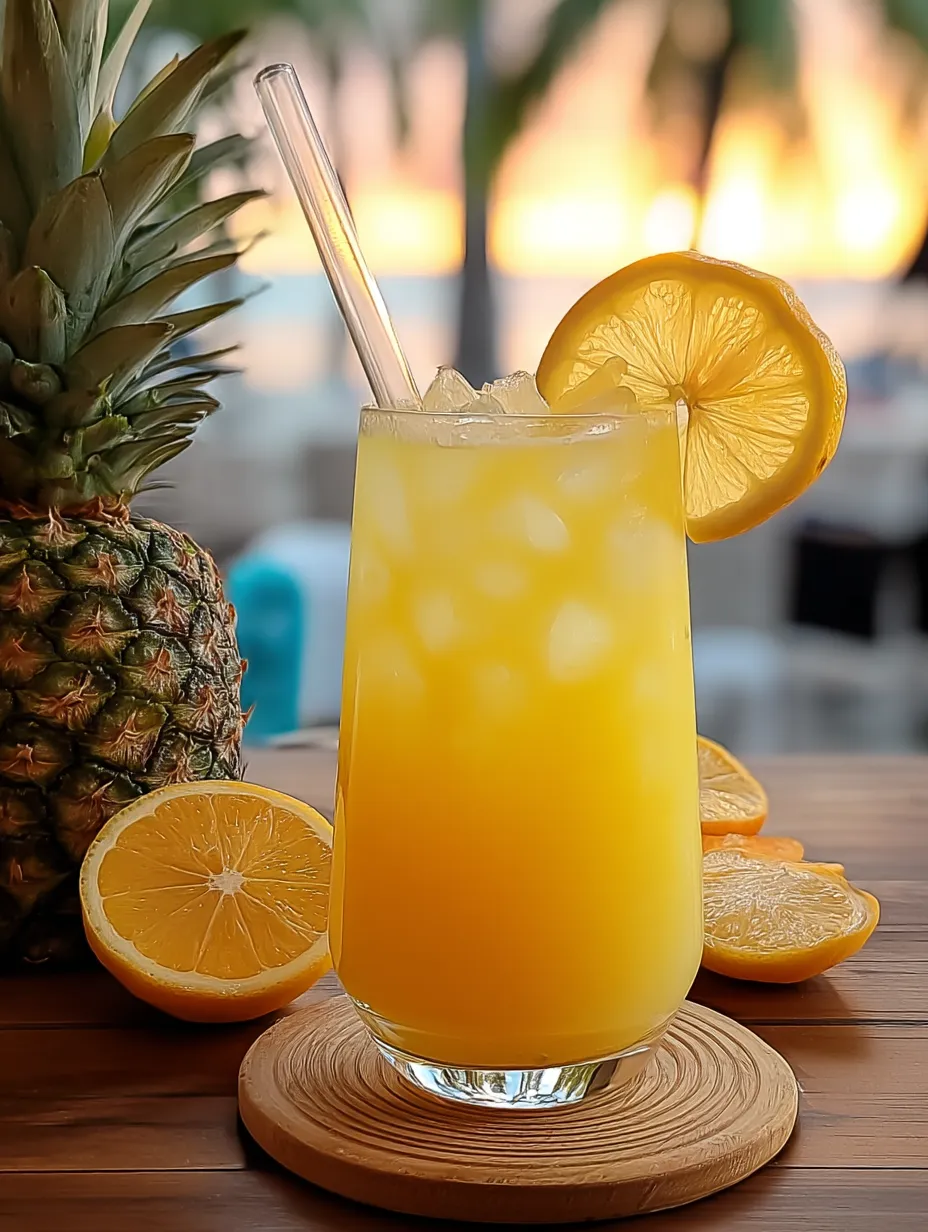 Orange juice served with a straw and a lemon wheel on top.