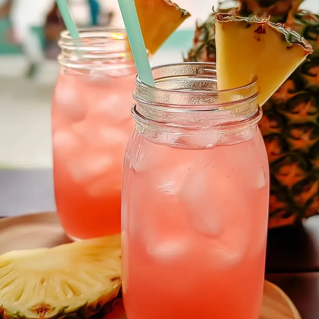Two glasses of pink drink with pineapple slices in them.
