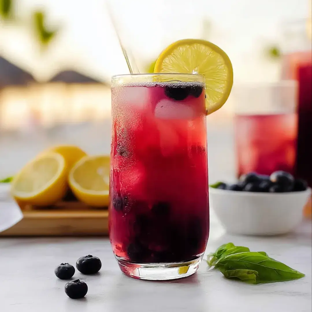 A glass of deep red juice with blueberries and lemon slices.